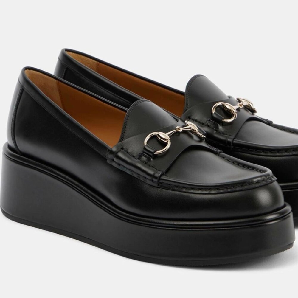 Gucci Horsebit Wedge Loafers Black Leather New